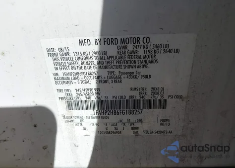 2015 Ford Taurus Sel из США, поврежденный, VIN 1FAHP2H86FG188257